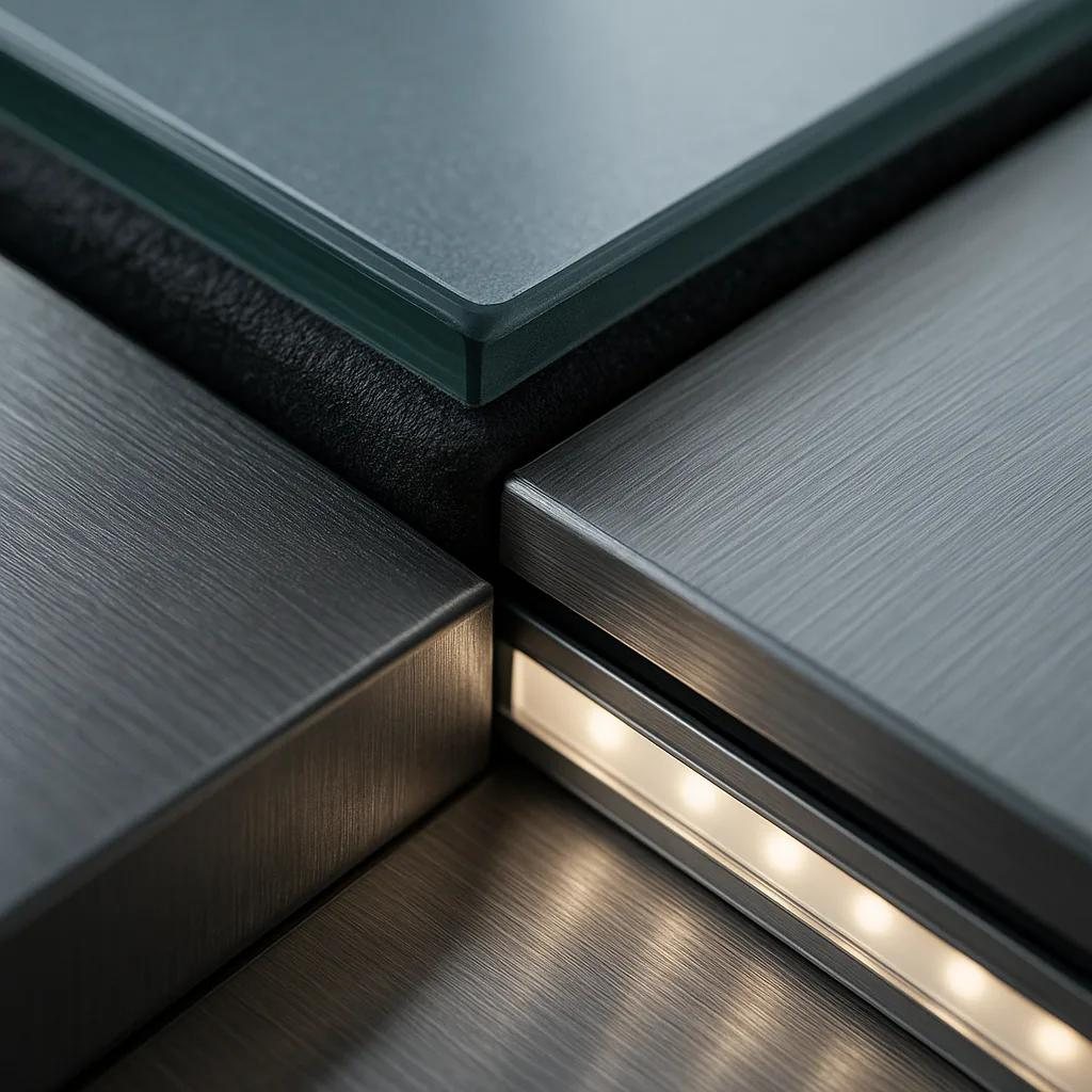 Illustrative macro study of brushed metal and glass.